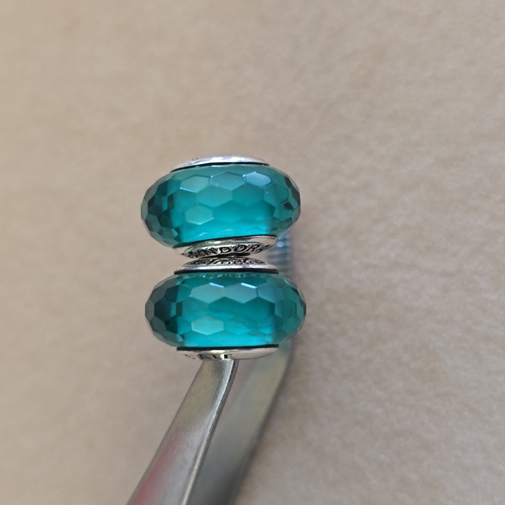 2pc Pandora Turquoise / Sea Green Glass Faceted Charm Beads - Picture 4 of 5